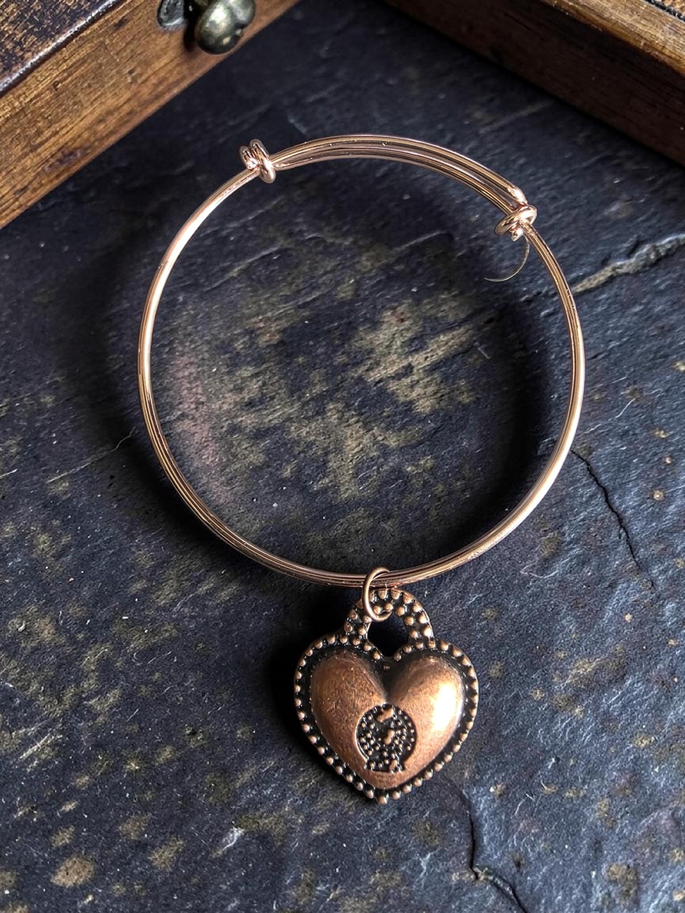 Rose Gold Adjustable Wire Bangle Bracelet Heart Lock Charm
